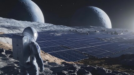 Concept art of a solar farm on the moon, illustrating futuristic renewable energy use in space