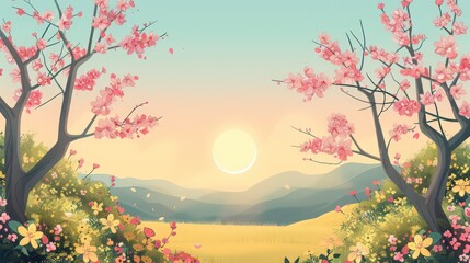 Canvas Print - Illustrate a spring equinox scene with the sun rising exactly in the east and setting exactly in the west,