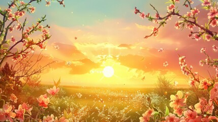 Wall Mural - Illustrate a spring equinox scene with the sun rising exactly in the east and setting exactly in the west,