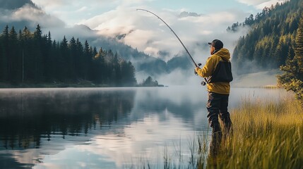 Poster - A man in a yellow jacket is fly fishing in a mountain lake.