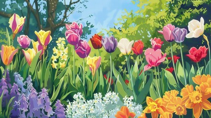 Sticker - spring garden bursting with vibrant tulips, daffodils, and hyacinths, set against a backdrop of fresh green foliage and a clear blue sky