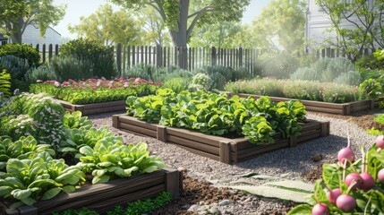 Illustrate a spring urban garden with raised beds of fresh lettuce, radishes, and herbs, surrounded by blooming flowering shrubs