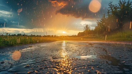 Poster - sunny, clear day to a heavy downpour with dark clouds, rain, and puddles forming on the ground,