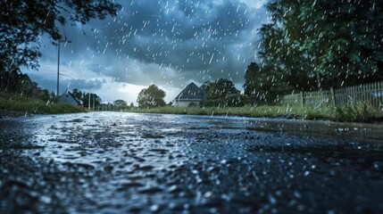 Poster - sunny, clear day to a heavy downpour with dark clouds, rain, and puddles forming on the ground,