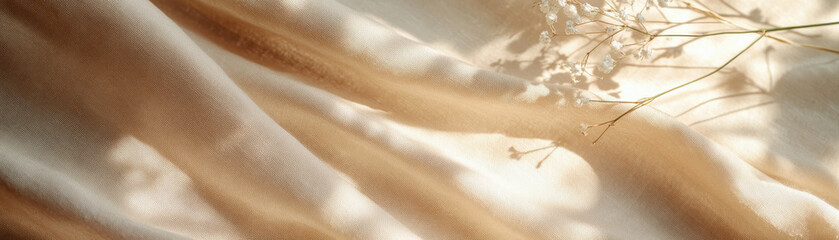 Poster - soft fabric draped in natural light with delicate white flowers, casting gentle shadows for a warm a