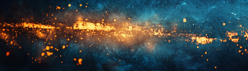 Poster - Abstract digital art with vibrant orange particles on a dark blue background. Perfect for technology, science fiction, or artistic themes.