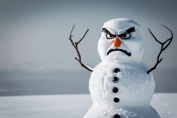 Evil angry snowman with eyebrows on snowy background.