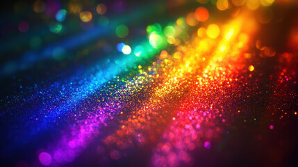 Poster - Vibrant rainbow light bokeh effect with colorful shimmering background. Perfect for festive, celebration, and creative visual projects.