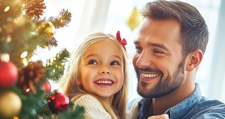 Wall Mural - A father enjoys a joyful moment with his daughter by a beautifully decorated Christmas tree during the festive season