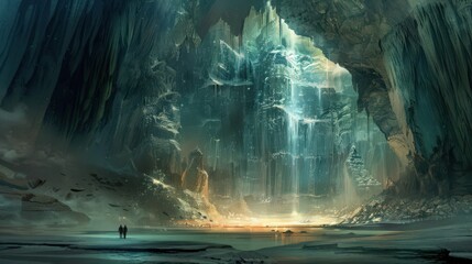 Poster - The deep cave entrance opens into a vast chamber with towering rock formations and intricate mineral patterns,