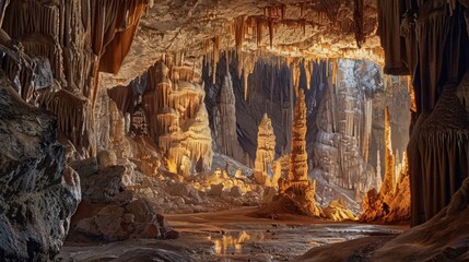 Wall Mural - The deep cave entrance opens into a vast chamber with towering rock formations and intricate mineral patterns,