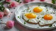 © Bonnie - valentines day fried egg breakfast on the table scrambled eggs heart shape holiday decoration