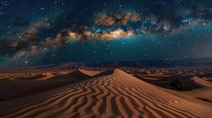 Wall Mural - The desert illuminated by moonlight, with a clear night sky showcasing a stunning display of stars above the serene sand dunes.