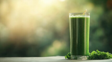 Tall glass of green kale smoothie, freshly prepared and placed on a table, with a blurred background creating a soft focus.