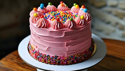 Wall Mural - Delicious birthday cake adorned with pink frosting and vibrant sprinkles, ideal for a festive celebration