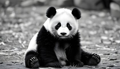 Wall Mural - Adorable panda bear with striking black and white fur gazes sweetly at the camera, surrounded by a natural backdrop