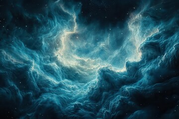 Wall Mural - cosmic vista of swirling azure nebula against inky black space distant stars twinkle through gossamer clouds of stardust evoking wonder and possibility