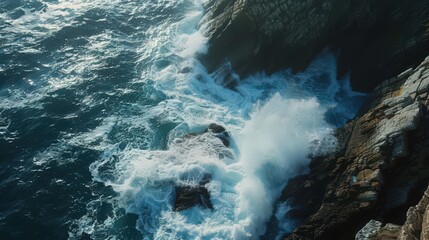 Poster - The dramatic coastline features steep cliffs and powerful waves crashing against the rocks, creating a spectacular natural display and a dramatic seascape