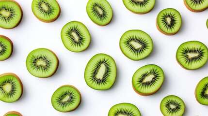 Whole and sliced kiwis spread across a white background, their green flesh and brown skin creating a bold, fresh contrast.