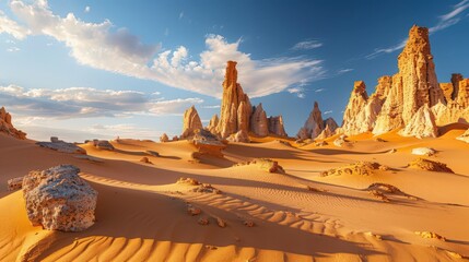 Poster - The dramatic desert vista features towering rock spires and expansive sand dunes,