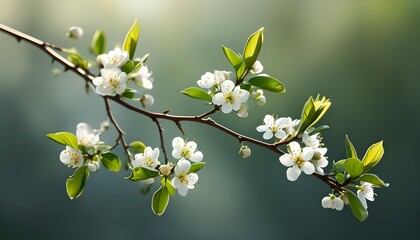 Wall Mural - Delicate white blossoms on a slender branch with vibrant green leaves, capturing the essence of spring and new beginnings.