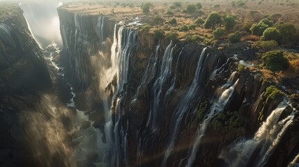 Canvas Print - The dramatic landscape around Victoria Falls, with steep cliffs and dense vegetation contrasting with the flowing water.