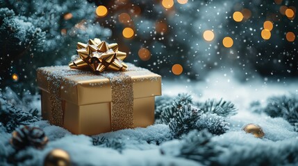 Christmas gift box with fir branches and pine cones on snow, adorned with Christmas lights