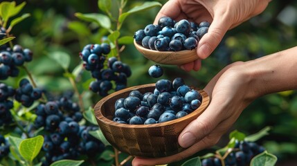 Fresh blueberry fruit in wooden bowl