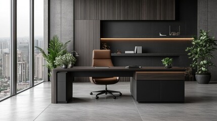 Wall Mural - A stylish modern office featuring a large desk, a premium chair, and minimalistic design elements for a clean aesthetic.