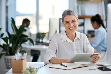Aufkleber - Business, tablet and portrait of mature woman at digital agency, office or creative developer with confidence. Happy, designer or consultant at tech startup with online schedule, agenda and smile