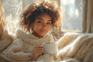 cozy morning ritual woman savoring aromatic coffee in a sunlit nook wrapped in soft textures embodying relaxation and mindful start to the day