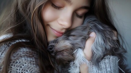 Wall Mural - A girl is hugging a small dog