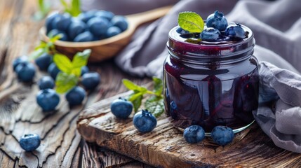 A jar of blueberry jam with fruit on wooden table