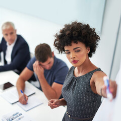 Poster - Business woman, whiteboard and presentation, workshop and project management with planning. Operations manager, collaboration and meeting with partnership for corporate training, research and pitch