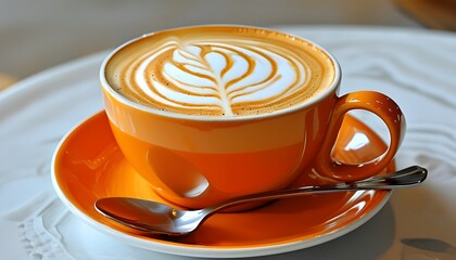 Orange latte art in a floral design served on a white saucer with a silver spoon nestled beside it