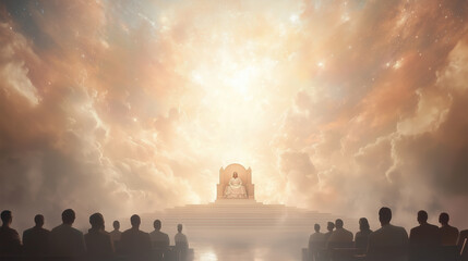 grand and awe-inspiring scene featuring the judgment seat of christ set in a celestial realm. christ