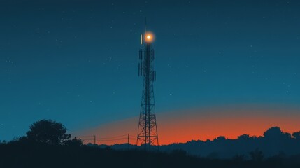 The elegant design of a modern communication tower, with its sleek lines and illuminated antennas piercing the night sky.