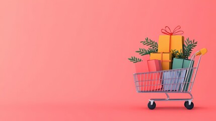 Wall Mural - Shopping cart full of discounted items, Black Friday event, flat design illustration, Copy space for text, no logo, no brand, no trademark