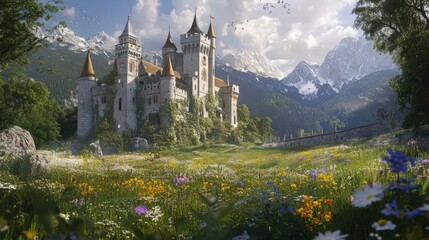 Wall Mural - The exterior of a castle with a foreground of wildflowers and rolling meadows, creating a picturesque and tranquil setting