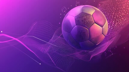 A vibrant digital soccer ball on a dynamic purple and pink gradient background with geometric shapes and energy lines.