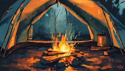 Wall Mural - cozy tent with a crackling campfire creating warmth and inviting ambiance for a night under the stars