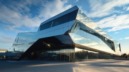 Sticker - The exterior of a government building with a high-tech, futuristic design, featuring reflective glass, geometric shapes