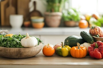 Wall Mural - rustic kitchen scene with various fall vegetables being prepped for a thanksgiving meal, warm natura