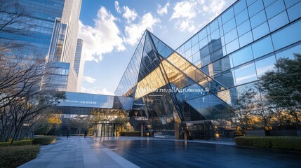 Sticker - The exterior of a government building with a high-tech, futuristic design, featuring reflective glass, geometric shapes