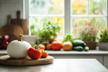 Wall Mural - rustic kitchen scene with various fall vegetables being prepped for a thanksgiving meal, warm natura