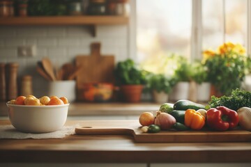Wall Mural - rustic kitchen scene with various fall vegetables being prepped for a thanksgiving meal, warm natura
