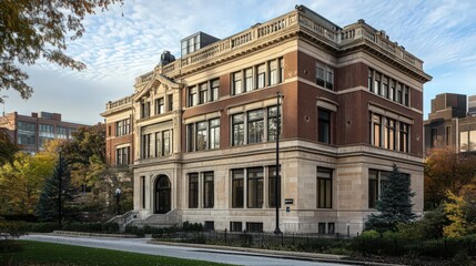 Poster - The exterior of a historic hospital building with classic architecture, large windows, and a timeless, dignified presence in an urban setting.