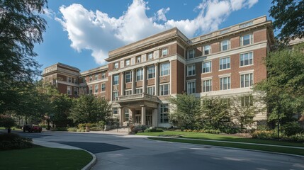 Poster - The exterior of a historic hospital building with classic architecture, large windows, and a timeless, dignified presence in an urban setting.