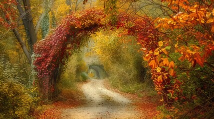 Poster - beautiful natural canopy over a winding trail, where the colorful leaves form a vibrant and inviting archway leading into the autumn woods