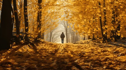 Wall Mural - path fall leaves gold